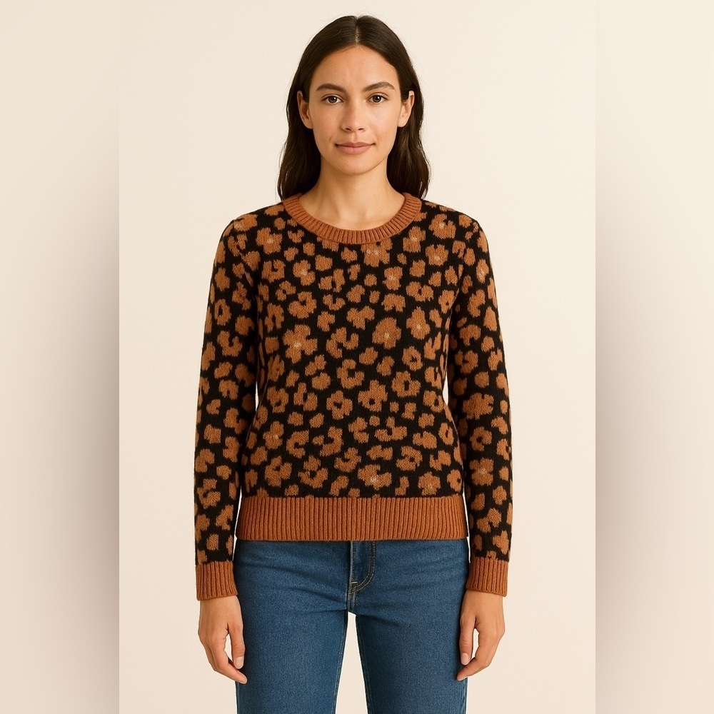 Ann Taylor Leopard Print Jacquard Sweater Women’s XXS Brown Black Heavy Knit